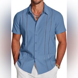 Cuban Guayabera Blue Short Sleeve Button Down Linen Shirt, NIP